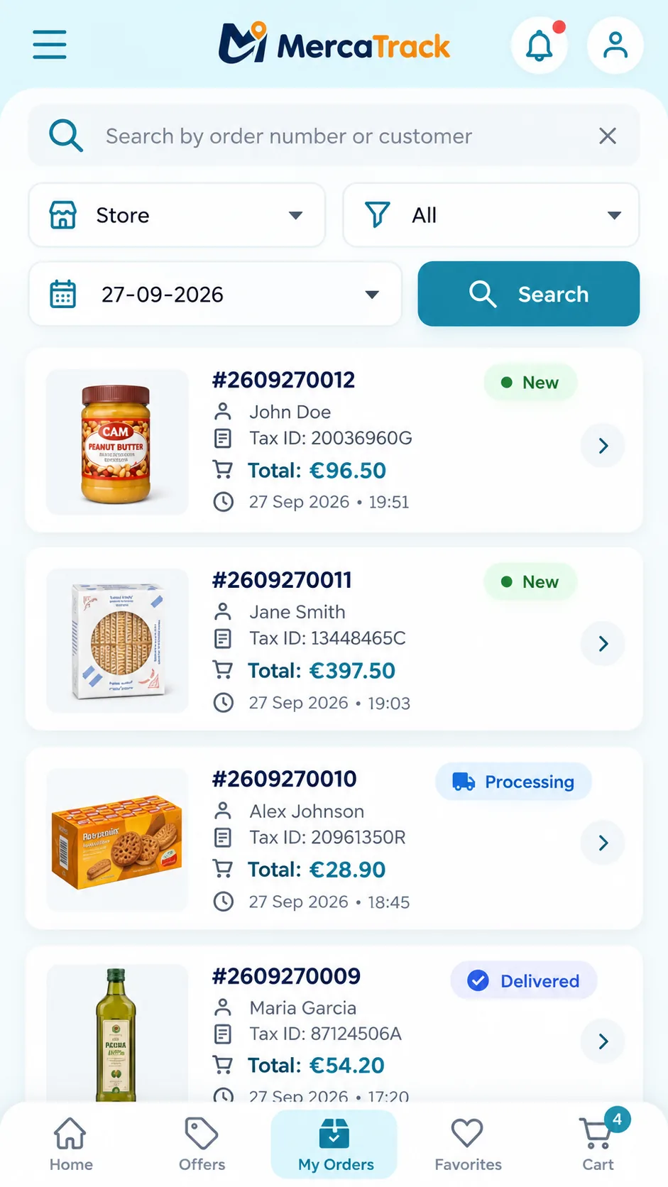 Pedidos y estados en MercaTrack